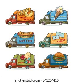 Vector set of trucks  - fresh bread truck, i?e cream truck, fast food truck, post card truck, candy truck and burger truck. Local delivery service vans. Cartoon street-food illustration. 