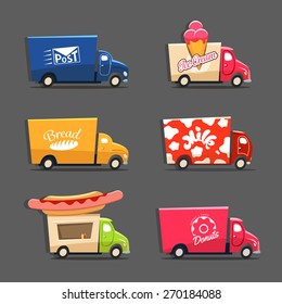 Vector set of trucks with inscriptions featuring ice cream truck, post car, milk truck, bread truck, hot dog truck and sweets and donut car