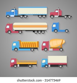 Vector set of trucks with a shadow. Color flat icons. Dump truck, tank, gasoline, truck, container. Vector illustration