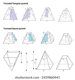 Vector set of Truncated Square and Truncated Triangular pyramids. Geometric forms for math education. Basic 3d shapes.