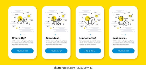 Vector set of T-shirt, Teamwork and People communication line icons set. UI phone app screens with line icons. Financial goal icon. Laundry shirt, Remote work, People talking. Money budget. Vector