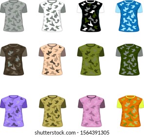Vector set of t-shirts with camouflage texture graphic in the style of street military.