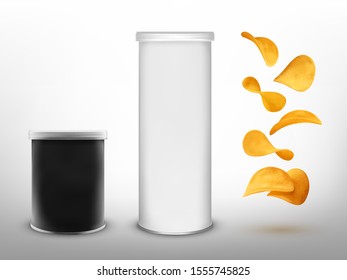 Vector set of tube container boxes for packaging design with potato chips of different shapes isolated on white background