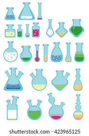 A vector set of tubes, bottles, test-tubes, and flasks, in flat style.
