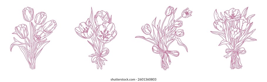Vector set of tulip bouquets with ribbons, hand drawn illustration, doodle line set for cards, invitations and posters. pink on white background 