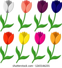 Vector set of tulips: red, orange, yellow, white, blue, lilac.