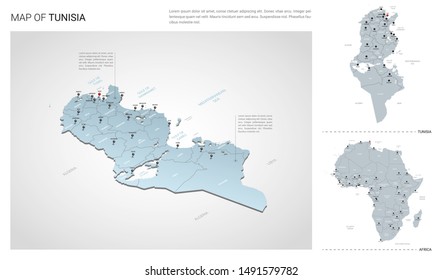 Vector set of Tunisia country.  Isometric 3d map, Tunisia map, Africa map - with region, state names and city names. svg