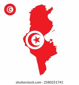 Vector set of Tunisia high detailed map flag and national flag round badge isolated on white background.