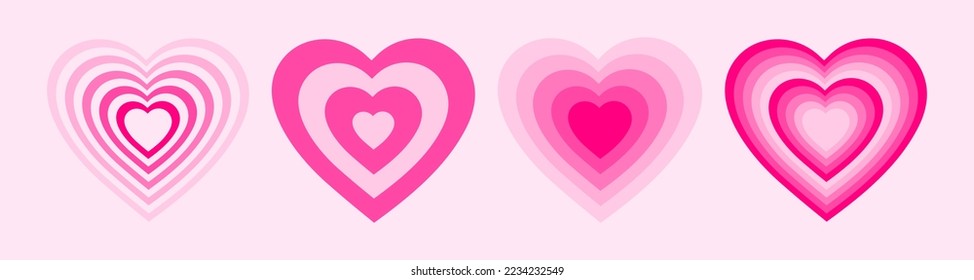 Vector set tunnel romantic hearts in pink colors. Retro background in style 70s, 80s. Concentric hearts isolated icons