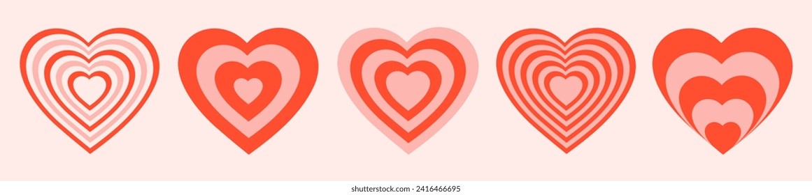 Vector set tunnel romantic hearts in pink and red colors. Retro background in groovy style 90s, 00s. Concentric hearts isolated icons