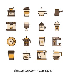 Vector set of Turk grinder, coffee machine, coffee mug, French-press and to go cups. Flat line icons for coffee cafe, coffee shop and companies.  