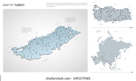 Vector set of Turkey country.  Isometric 3d map, Turkey map, Asia map - with region, state names and city names.