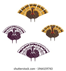 Vector set of turkeys in cartoon style drawn by lines and drawings to decorate a postcard, poster or menu. Silhouette and color illustration. Happy Thanksgiving Day background.