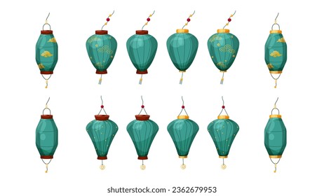 Vector set of turquoise Chinese lanterns with and without ornaments. Symbol of Chinese New Year, Mid-Autumn Festival, Lantern festival. Cartoon style isolated illustrations for compositions and cards