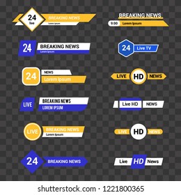Vector set of TV banners and bars for news and sport channels. Streaming and broadcasting, headline title template on transparent background