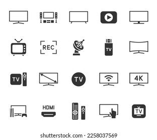 Vector set of TV flat icons. Contains icons set top box, satellite dish, remote control, screen, recording, home cinema, HDMI and more. Pixel perfect.