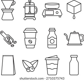 Conjunto de Vector de doce íconos de café en blanco y negro que incluyen pour-over, prensa francesa, escala, cucharada, tetera, tazas, botella de leche, planta. Perfecto para la marca de cafeterías, guías de baristas y diseño de interfaz de usuario minimalista