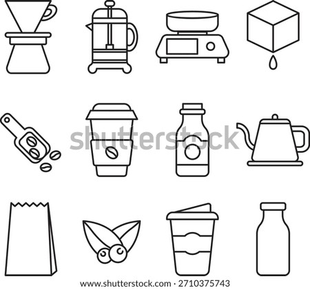 Vector set of twelve black-and-white coffee icons including pour-over, French press, scale, scoop, kettle, cups, milk bottle, plant. Perfect for café branding, barista guides, and minimalist UI design