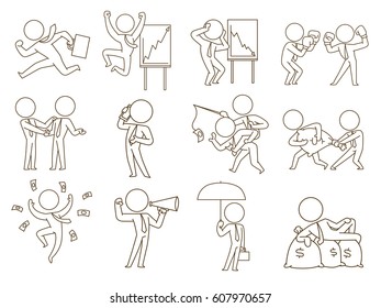 Vector set of twelve business icons with cartoon images of businessmen in ties, in different business situations and with various business attributes on a white background. Business, office. Line art.