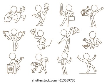 Vector set of twelve business icons with cartoon images of businessmen in ties, in different business situations and with various business attributes on a white background. Business, office. Line art.