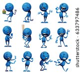 Vector set of twelve cartoon images of funny little blue men with different actions and emotions on a white background. Positive character, creature. Vector illustration.
