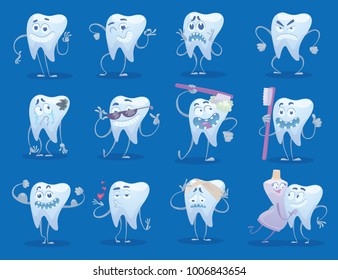 Vector set of twelve cartoon images of funny white teeth with different actions and emotions on a blue background. Dentistry, health, teeth. Vector illustration.