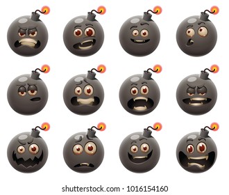 Vector set of twelve cartoon images of funny black bombs with various expressions of emotion on their faces on a white background. Emoticons, emoji, character, smiley, expression. Vector illustration.