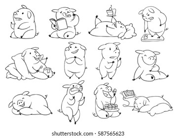 Vector set of twelve cartoon images of funny plump pigs in different poses with different emotions on white background. Made in monochrome style. Positive character, farm. Line art Vector illustration