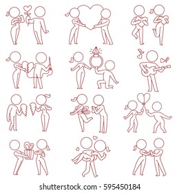Vector set of twelve cartoon images of loving couples: woman and man in different situations on a white background. Love, relationship, date. Made in monochrome style. Line art. Vector icon.
