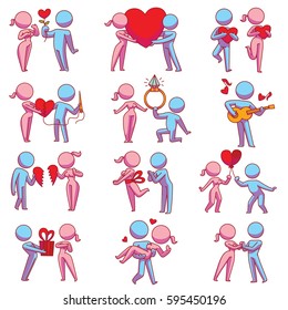 Vector set of twelve cartoon images of loving couples: pink woman and blue man in different situations on a white background. Love, relationship, date. Color image. Vector icon.