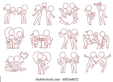 Vector set of twelve cartoon images of loving couples: woman and man with different actions on a white background. Love, relationship, date. Made in monochrome style. Line art. Vector icon.