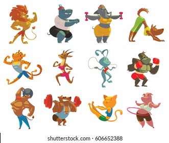 Vector set of twelve cartoon images of funny animals in the gym: lion, hippo, elephant, cheetah, gazelle, rabbit, pig, bear, bull, dog, gorilla, cat doing various exercises on a white background.