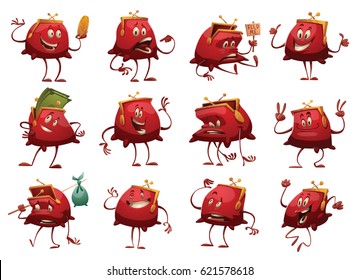 Vector set of twelve cartoon images of funny red purses with different actions and emotions on a white background. Money, finance, business. Vector illustration.