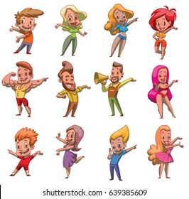 Vector set of twelve cartoon images of funny various men and women in different clothes, standing, presenting something and smiling on white background. Business, businessman, sale, shop. Color image.