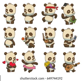 Vector set of twelve cartoon images of cute little black-white pandas with different actions and emotions on a white background. Animals, wildlife, zoo. Positive character. Color image.