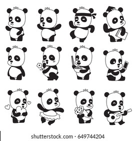 Vector set of twelve cartoon images of cute little black-white pandas with different actions and emotions on a white background. Animals, wildlife, zoo. Positive character. Monochrome image.