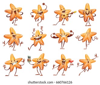 Vector set of twelve cartoon images of funny shiny golden stars with different actions and emotions on a white background. Award, positive character, mascot. Vector illustration.