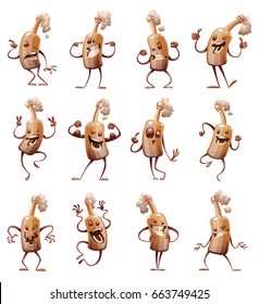 Vector set of twelve cartoon images of funny brown bottles of beer with different actions and emotions on a white background. Alcohol, party, drink. Vector illustration.