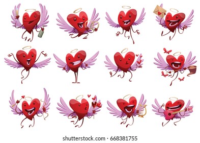 Vector set of twelve cartoon images of funny red hearts with lilac wings and golden halos, with different actions and emotions on a white background. St. Valentine's Day, love. Vector illustration.