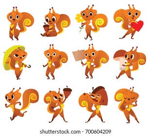 Vector set of twelve cartoon images of funny orange squirrels with different actions and emotions on a white background. Animal, forest, positive character. Vector illustration.