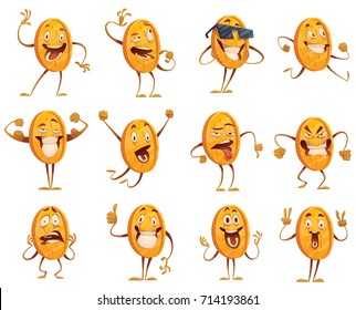 Vector set of twelve cartoon images of funny golden coins with arms and legs, with different actions and emotions on a white background. Money, finance, business, currency, dollar. Vector illustration