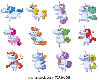 Vector set of twelve cartoon images of cute white happy unicorns with various colors manes and tails with different actions on a white background. Animals, legend, fairy tale. Vector illustration.
