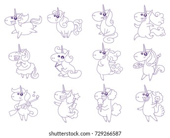 Vector set of twelve cartoon images of cute white happy unicorns with manes and tails with different actions on a white background. Line art. Animals, legend, fairy tale. Vector illustration.