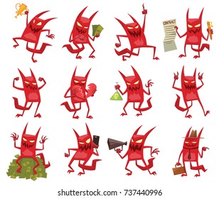Vector set of twelve cartoon images of funny red devils with horns and tails with different actions and emotions on white background. Demon, positive character,business, halloween. Vector illustration