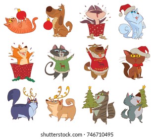 Vector set of twelve cartoon images of cute various Christmas cats and dogs smiling with different actions on a white background. Christmas, New Year, holiday, animals. Vector illustration.