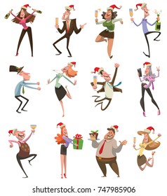 Vector Set Of Twelve Cartoon Images Of Dancing Men And Women In A Red Santa's Hats With Champagne In Hands On A White Background. Corporate Party, Christmas, New Year, Office. Vector Illustration.