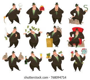 Vector set of twelve cartoon images of funny fat men capitalists in black suits and hats with different actions and emotions on a white background. Business, finance, monopoly, money.