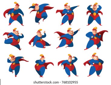 Vector set of twelve cartoon images of funny fat superheroes in red-blue suits, cloaks and red masks, with different actions and emotions on a white background. Superhero, savior, comic, hero. 