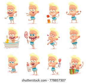 Vector set of twelve cartoon images of funny babies boys with blond hair in blue diapers with different actions and emotions on a white background. Children, childhood, birth. Vector illustration.