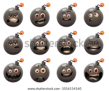 Vector set of twelve cartoon images of funny black bombs with various expressions of emotion on their faces on a white background. Emoticons, emoji, character, smiley, expression. Vector illustration.